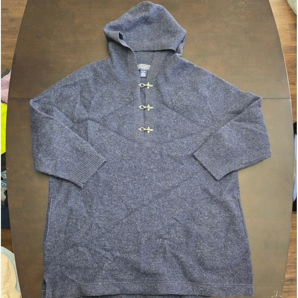 Newton Trading Co Womens 1X Blue 100% Wool Hoodie Sweater Lobster Claw Clasp
